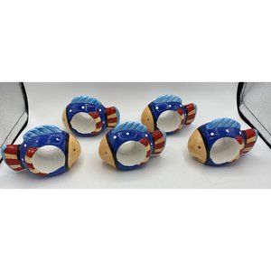 Set of 5 Ceramic Fish Napkin Rings Blue and Red Cute Smiling Fish Tropical Ocean